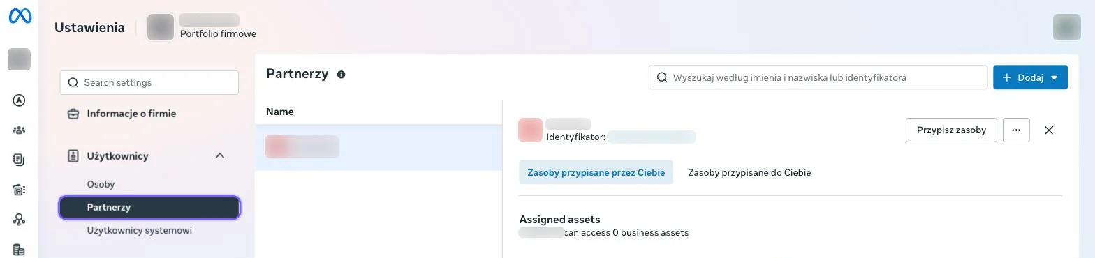 Meta Business Suite, Ustawienia: zaznaczona pozycja Partnerzy w sekcji Użytkownicy
