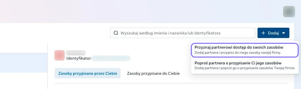 Rozwinięte menu Dodaj z opcją Przyznaj partnerowi dostęp do swoich zasobów