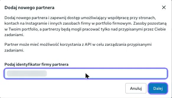Okno Dodaj nowego partnera z polem identyfikatora firmy partnera i przyciskiem Dalej