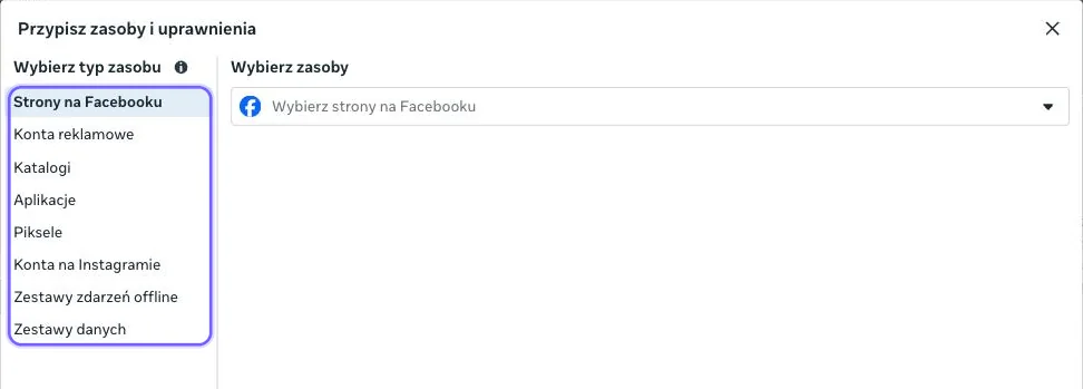Lista typów zasobów: strony na Facebooku, konta reklamowe, katalogi, aplikacje, piksele, konta na Instagramie, zestawy zdarzeń offline, zestawy danych