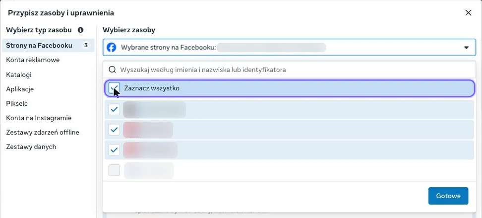 Strony na Facebooku: zaznaczona opcja Zaznacz wszystko
