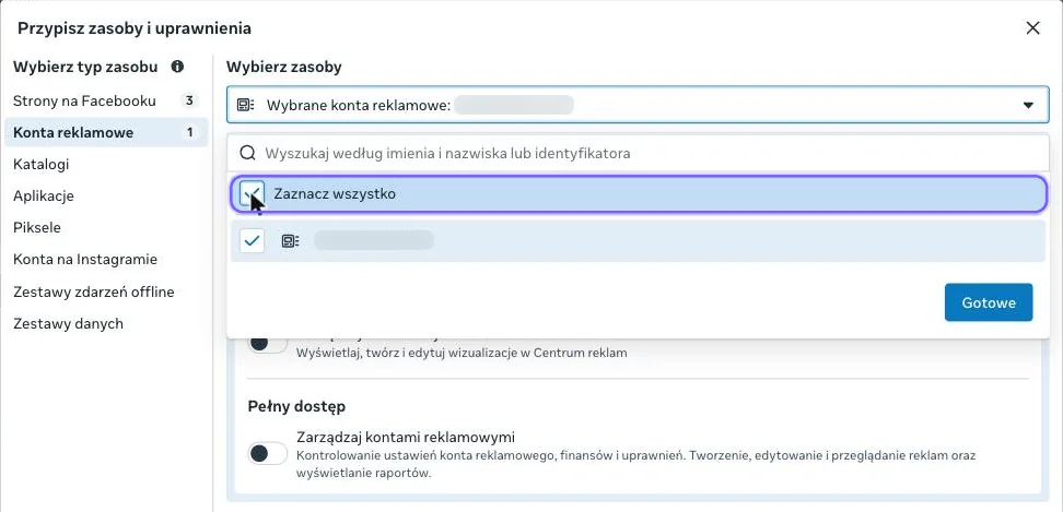 Konta reklamowe: zaznaczona opcja Zaznacz wszystko
