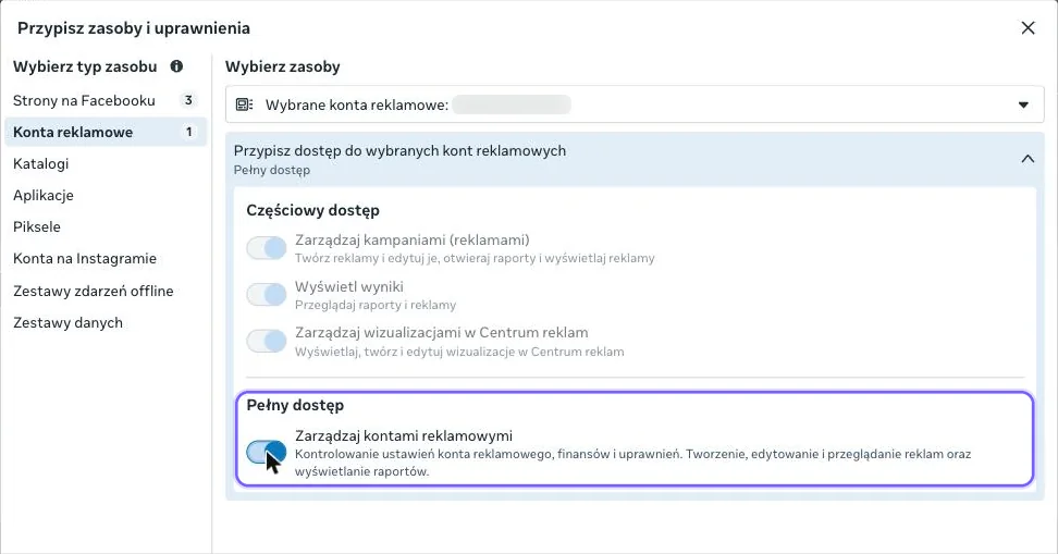 Konta reklamowe: włączony przełącznik Pełny dostęp, Zarządzaj kontami reklamowymi