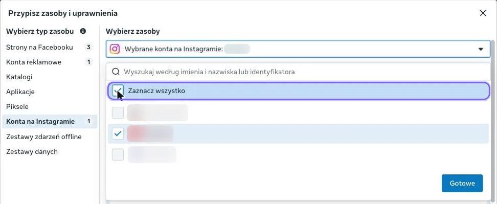Konta na Instagramie: zaznaczona opcja Zaznacz wszystko