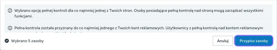 Dolny pasek okna z licznikiem wybranych zasobów i przyciskiem Przypisz zasoby